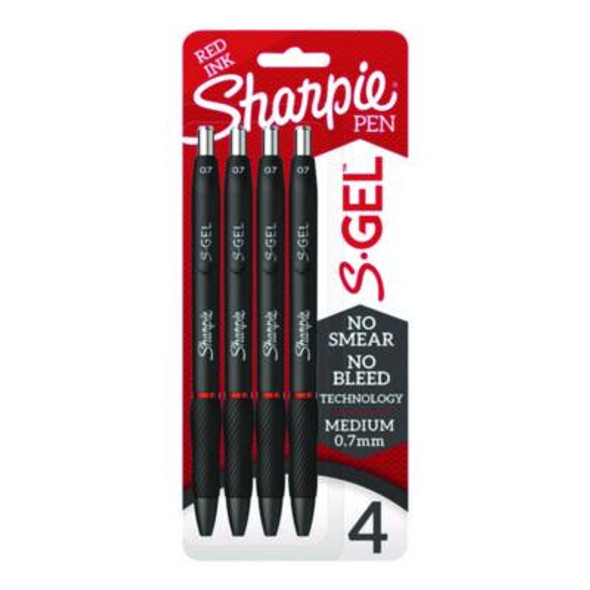 S-Gel Gel Pen, Retractable, Medium 0.7 Mm, Red Ink, Black Barrel, 4/Pack