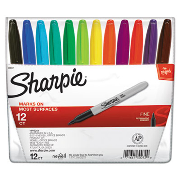 Fine Tip Permanent Marker, Fine Bullet Tip, Assorted Colors, 12/Set