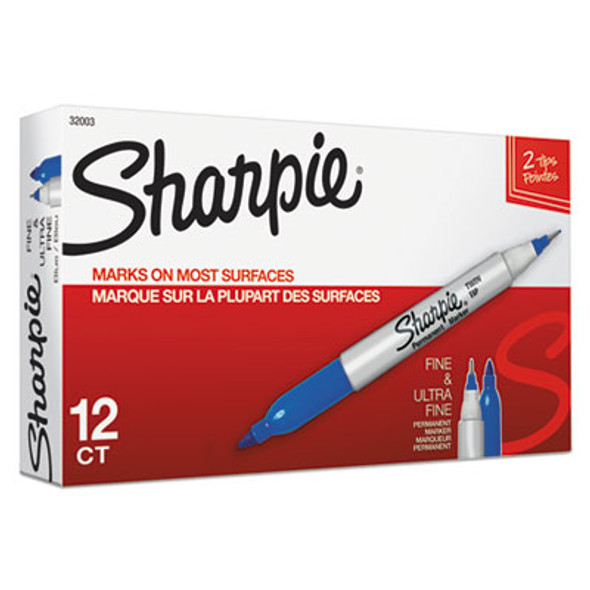 Twin-Tip Permanent Marker, Extra-Fine/Fine Bullet Tips, Blue, Dozen