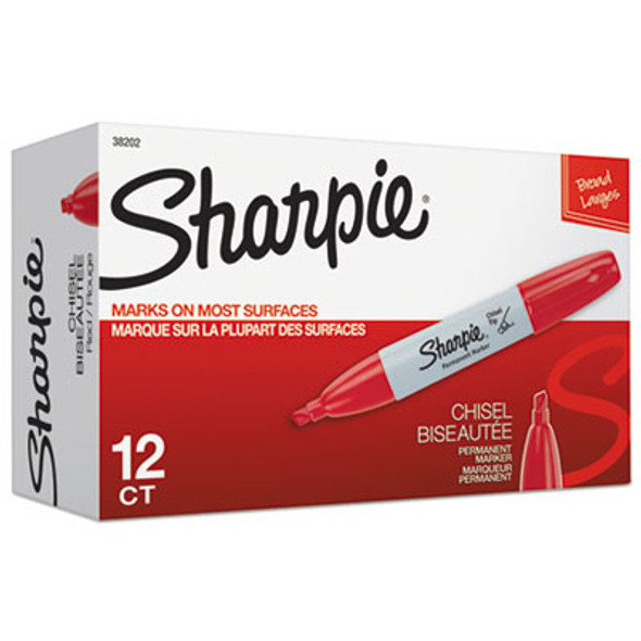 Chisel Tip Permanent Marker, Medium Chisel Tip, Red, Dozen