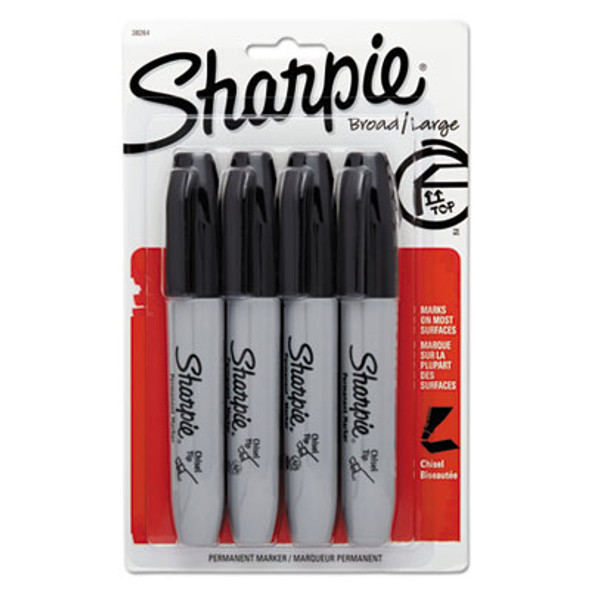 Chisel Tip Permanent Marker, Medium Chisel Tip, Black, 4/Pack