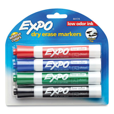 Low-Odor Dry-Erase Marker, Peggable Card, Broad Chisel Tip, Assorted Colors, 4/Pack