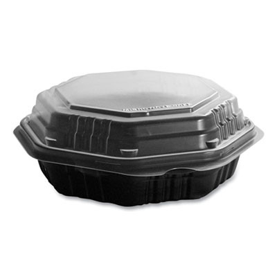 Octaview Hinged-Lid Hot Food Containers, 6.3 x 1.2 x 1.2, Black/Clear, Plastic, 200/Carton