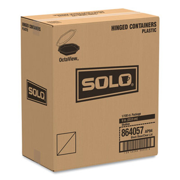 Octaview Hinged-Lid Cold Food Containers, 9.2 x 9.6 x 2, Black/Clear, Plastic, 100/Carton