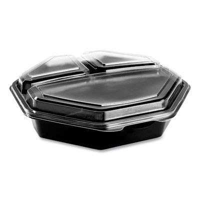 Octaview Hinged-Lid Cold Food Containers, 3 Compartments, 36 Oz, 9.57 x 9.2 x 2.4, Black/Clear, Plastic, 100/Carton