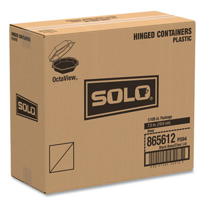 Octaview Hinged-Lid Cold Food Containers, 28 Oz, 7.94 x 7.5 x 3.2, Black/Clear, Plastic, 100/Carton