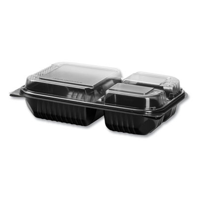 Hinged-Lid Dinner Box, 3 Compartments, 32 Oz, 11.5 x 8.1 x 3, Black/Clear, Plastic, 100/Carton