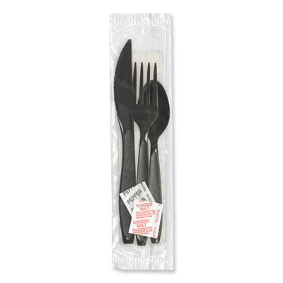 Impress Heavyweight Full-Length Polystyrene Cutlery Kit, Fork/Knife/Napkin/Pepper/Salt/Spoon, Plastic, Black, 750/Carton