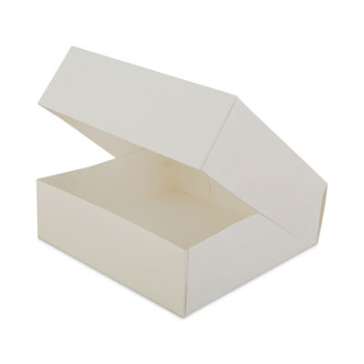 White Window Bakery Boxes With Attached Flip Top, 4-Corner Beers Design, 8 x 8 x 2.5, White, Paper, 200/Carton
