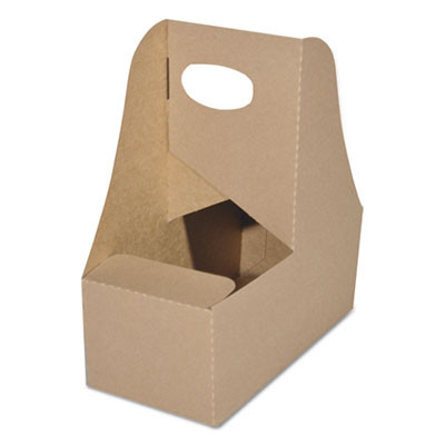 4-Corner Pop-Up Food And Drink Tray, 2-Cup Drink Carrier, Up To 24 Oz Beverages, 7.63 x 3.75 x 8.88, Brown, Paper, 250/Carton