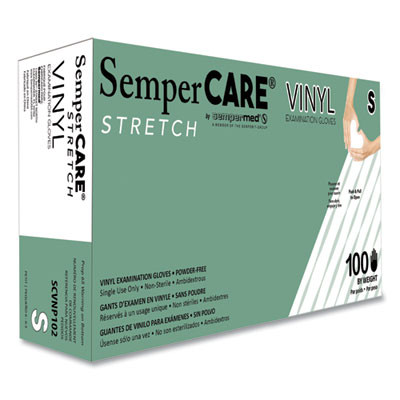 Stretch Vinyl Examination Gloves, Powder-Free, Small, 5 Mil Thick, 9.45" Long, Cream, 100/Box