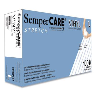 Stretch Vinyl Examination Gloves, Powder-Free, Large, 5 Mil Thick, 9.45" Long, Cream, 100/Box