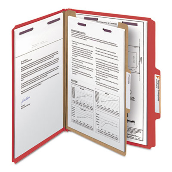 Four-Section Pressboard Top Tab Classification Folders, Four Safeshield Fasteners, 1 Divider, Letter Size, Bright Red, 10/Box