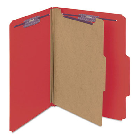Pressboard Top Tab Classification Folders, Expands 2", 1 Divider, 4 Safeshield Fasteners, Letter Size, Bright Red, 10/Box