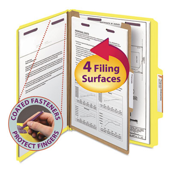 Four-Section Pressboard Top Tab Classification Folders, Four Safeshield Fasteners, 1 Divider, Letter Size, Yellow, 10/Box
