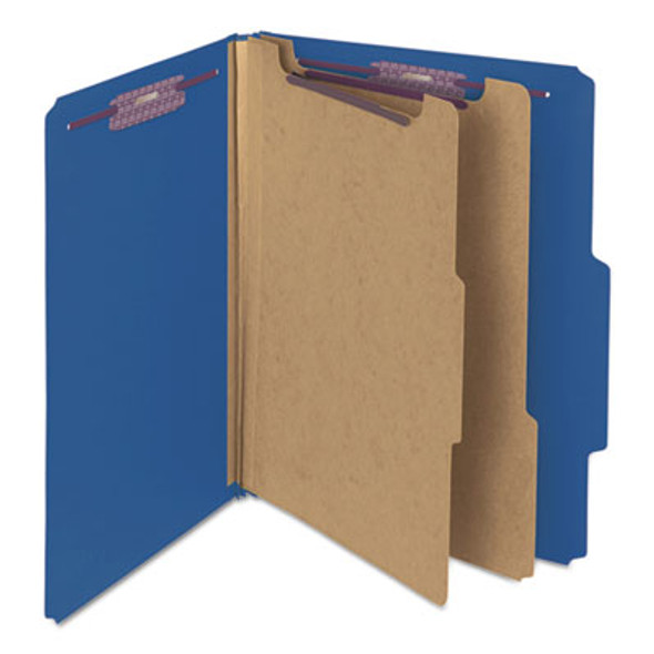 Six-Section Pressboard Top Tab Classification Folders, Six Safeshield Fasteners, 2 Dividers, Letter Size, Dark Blue, 10/Box