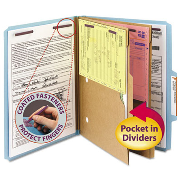 6-Section Pressboard Top Tab Pocket Classification Folders, 6 Safeshield Fasteners, 2 Dividers, Letter Size, Blue, 10/Box