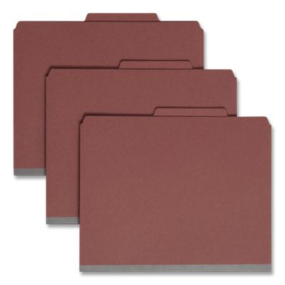 Pressboard Classification Folders, 2/5-Cut Tab, Expands 3", 3 Dividers, 8 Safeshield Fasteners, Letter Size, Red, 10/Box