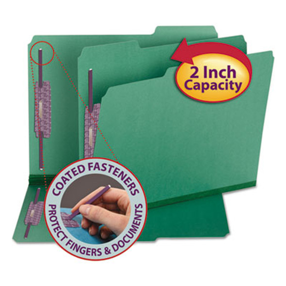 Colored Pressboard Fastener Folders With Safeshield Coated Fasteners, 2" Expansion, 2 Fasteners, Letter Size, Green, 25/Box