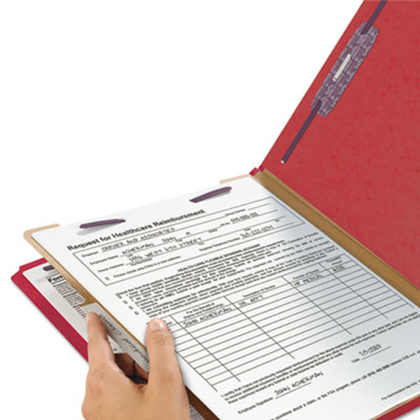 Four-Section Pressboard Top Tab Classification Folders, Four Safeshield Fasteners, 1 Divider, Legal Size, Bright Red, 10/Box