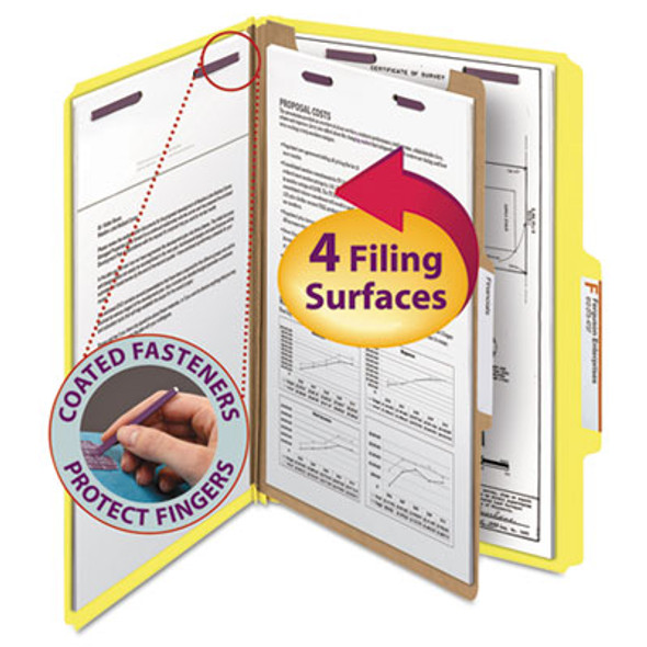 Four-Section Pressboard Top Tab Classification Folders, Four Safeshield Fasteners, 1 Divider, Legal Size, Yellow, 10/Box