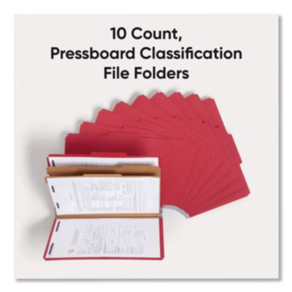 Six-Section Pressboard Top Tab Classification Folders, Six Safeshield Fasteners, 2 Dividers, Legal Size, Bright Red, 10/Box