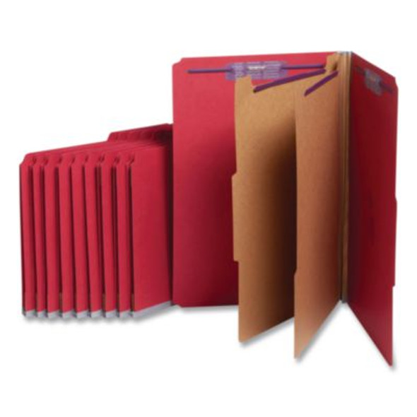 Pressboard Top Tab Classification Folders, Expands 2", 2 Dividers, 6 Safeshield Fasteners, Legal Size, Bright Red, 10/Box