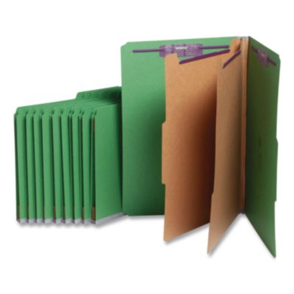 Six-Section Pressboard Top Tab Classification Folders, Six Safeshield Fasteners, 2 Dividers, Legal Size, Green, 10/Box
