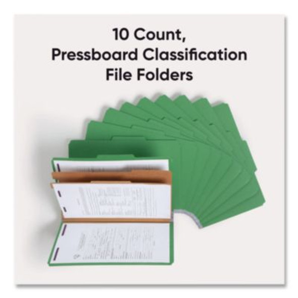 Pressboard Top Tab Classification Folders, Expands 2", 2 Dividers, 6 Safeshield Fasteners, Legal Size, Green, 10/Box