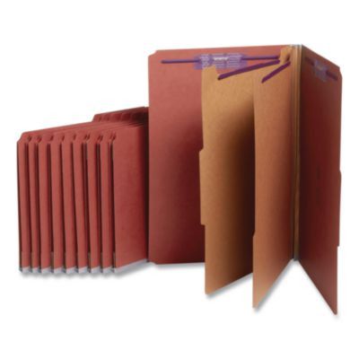 Pressboard Classification Folders, 2/5-Cut Tab, Expands 2", 2 Dividers, 6 Safeshield Fasteners, Legal Size, Red, 10/Box