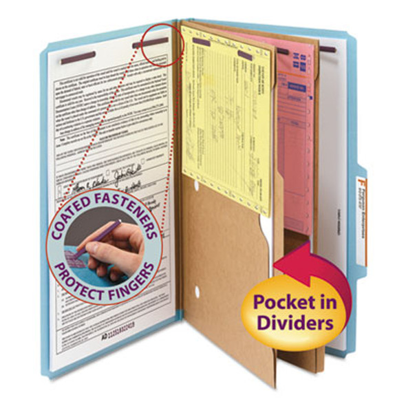Pressboard Top Tab Pocket Classification Folders, Expands 2", 2 Dividers, 6 Safeshield Fasteners, Legal Size, Blue, 10/Box