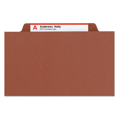Pressboard Classification Folders, 2/5-Cut Tab, Expands 3", 3 Dividers, 8 Safeshield Fasteners, Legal Size, Red, 10/Box