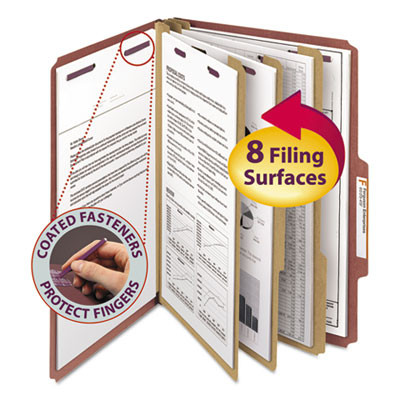 Pressboard Classification Folders, 2/5-Cut Tab, Expands 3", 3 Dividers, 8 Safeshield Fasteners, Legal Size, Red, 10/Box
