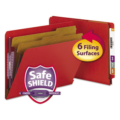 End Tab Pressboard Classification Folders, Expands 2", 2 Dividers, 6 Safeshield Fasteners, Letter Size, Bright Red, 10/Box