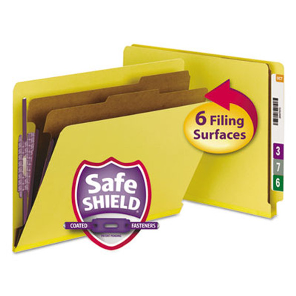 End Tab Pressboard Classification Folders, Six Safeshield Fasteners, 2" Expansion, 2 Dividers, Letter Size, Yellow, 10/Box
