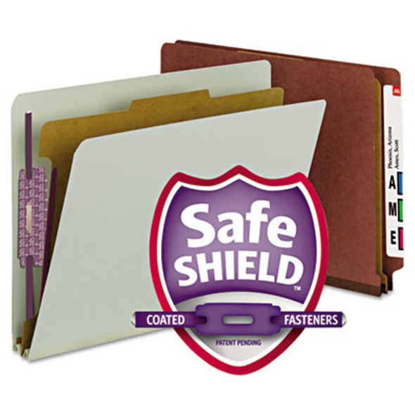 End Tab Pressboard Classification Folders, Expands 2", 1 Divider, 4 Safeshield Fasteners, Letter Size, Red, 10/Box