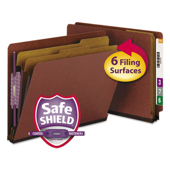 End Tab Pressboard Classification Folders, Expands 2", 2 Dividers, 6 Safeshield Fasteners, Letter Size, Red, 10/Box