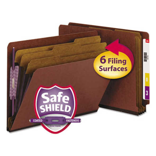 End Tab Pressboard Classification Folders, Eight Safeshield Fasteners, 3" Expansion, 3 Dividers, Letter Size, Red, 10/Box