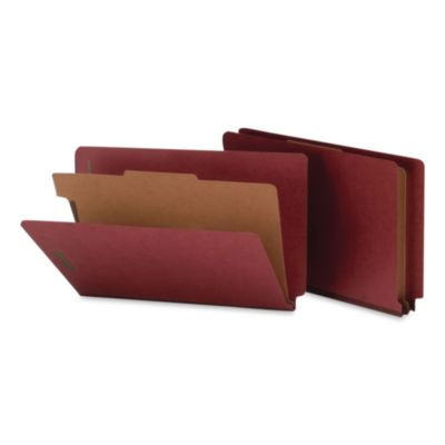 End Tab Pressboard Classification Folders, Expands 2", 1 Divider, 4 Safeshield Fasteners, Legal Size, Red, 10/Box