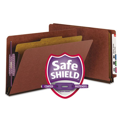 End Tab Pressboard Classification Folders, Expands 2", 1 Divider, 4 Safeshield Fasteners, Legal Size, Red, 10/Box