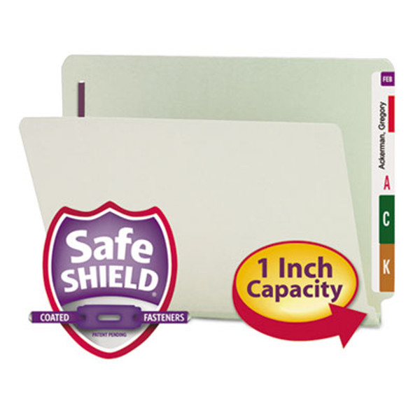 End Tab Pressboard Classification Folders, Two Safeshield Coated Fasteners, 1" Expansion, Letter Size, Gray-Green, 25/Box