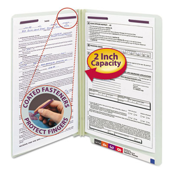 End Tab Pressboard Classification Folders, Straight Tab, Expands 2", 2 Safeshield Fasteners, Legal Size, Gray-Green, 25/Box