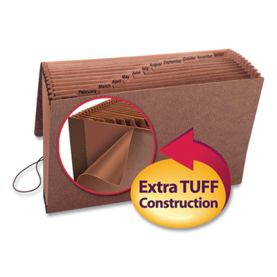 Tuff Expanding Wallet, 12 Sections, Elastic Cord Closure, 1/12-Cut Tabs, Legal Size, Redrope