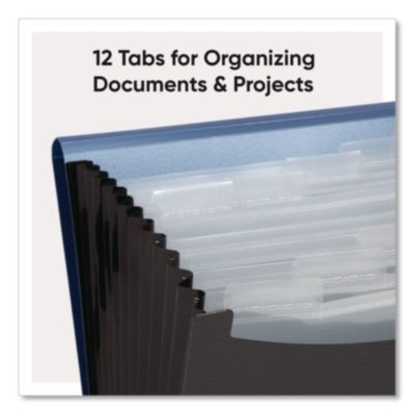 12-Pocket Poly Expanding File, 0.88" Expansion, 12 Sections, Cord/Hook Closure, 1/6-Cut Tabs, Letter Size, Black/Blue