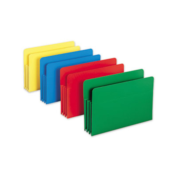 Poly Drop Front File Pockets, 3.5" Expansion, Legal Size, Assorted Colors, 4/Box