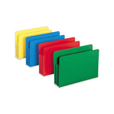 Poly Drop Front File Pockets, 3.5" Expansion, Legal Size, Assorted Colors, 4/Box