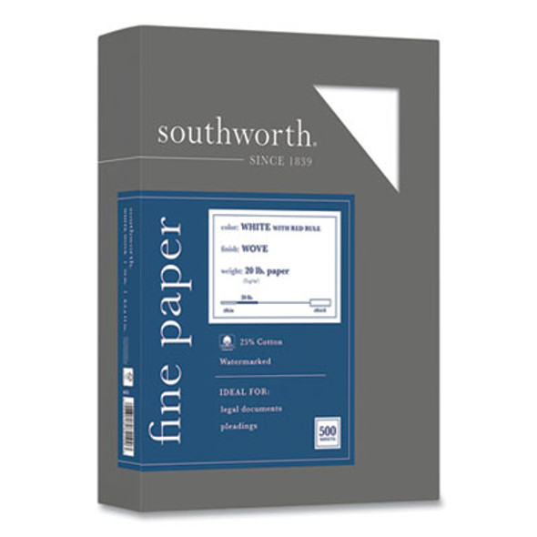 25% Cotton Business Paper, Red Margin Rule, 95 Bright, 20 Lb Bond Weight, 8.5 x 11, White, 500 Sheets/Ream