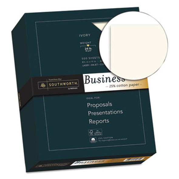 25% Cotton Business Paper, 95 Bright, 24 Lb Bond Weight, 8.5 x 11, Ivory, 500 Sheets/Ream