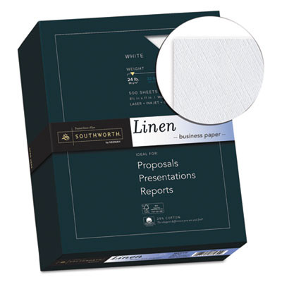 25% Cotton Linen Business Paper, 91 Bright, 24 Lb Bond Weight, 8.5 x 11, White, 500/Ream