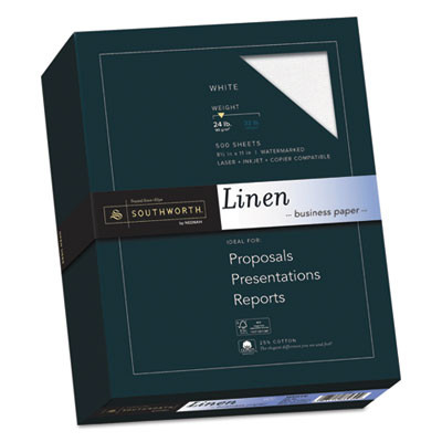 25% Cotton Linen Business Paper, 91 Bright, 24 Lb Bond Weight, 8.5 x 11, White, 500/Ream